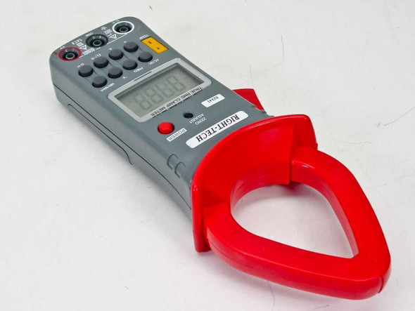 Right-Tech 53341 True RMS Clamp Meter side and rear view showing red clamp jaw and input jacks