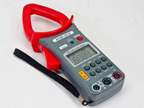 Right-Tech 53341 True RMS Clamp Meter front view showing red jaw clamp, gray body, LCD display, and keypad