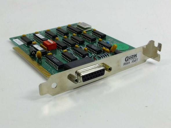 Guzik RWA XMIT 8-bit ISA interface board IBM 30127 – top component side view showing DIP ICs and DB-15 bracket connector