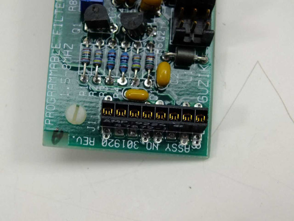 Guzik 8021 Programmable Filter board — close-up of end showing 'PROGRAMMABLE FILTER 1.5–8MHz' silkscreen label, multi-pin edge connector, and Assy No. 301920 marking