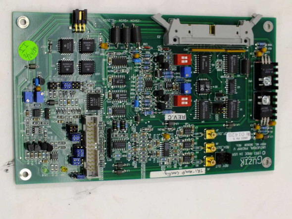 Guzik 302820 Preamp V Tri-Amp Config PCB card front side showing Rev C marking, multiple ICs, blue capacitors, red and blue trim components, and Guzik logo label