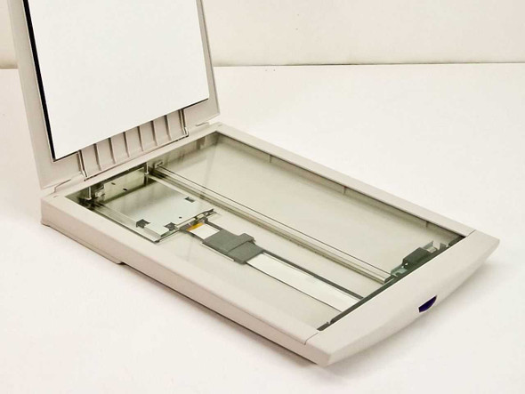 Canon CanoScan FB 630U flatbed scanner with lid open showing glass platen and scan head carriage