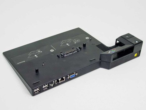 Lenovo ThinkPad Mini Dock Type 2505 – left-side three-quarter view showing rear port cluster and eject/power buttons on left bracket