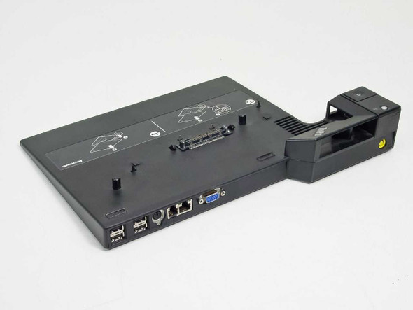 Lenovo ThinkPad Mini Dock Type 2505 – underside rear three-quarter view showing port array including USB, PS/2, Ethernet, and VGA