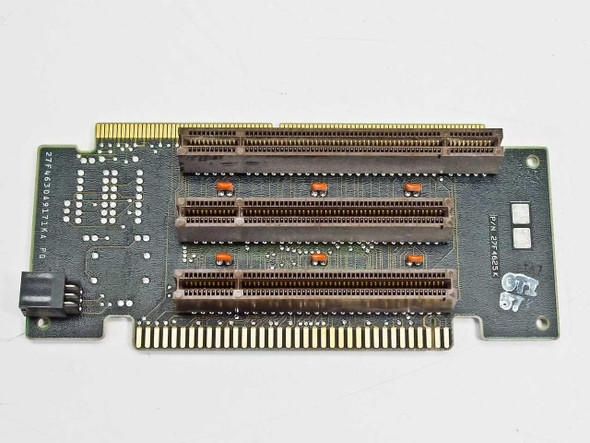 IBM 27F4630 MCA riser card — top/component side showing 3 Micro Channel Architecture expansion slots with orange retention clips and edge connector