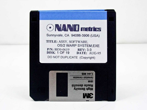 Nano Metrics 8830-0619 OS/2 Warp System Software — close-up of Disk 1 of 19 label showing P/N 8830-0619, Rev 3.0, Date AUG-95, on a 3M 1.44 MB High Density IBM-formatted floppy
