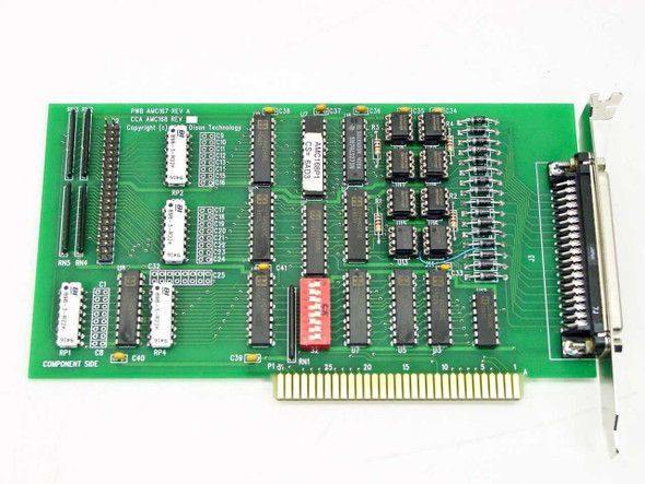 Dison Technology AMC167 Rev A 8-bit ISA port controller card — component side showing 40-pin internal header, DIP ICs, red DIP switch bank, and 37-pin D-sub external connector with ISA edge connector