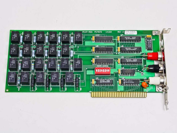 Keithley PCIP-RES PC7672 ISA resistance card front view showing relay matrix, ICs, and bracket with banana jacks