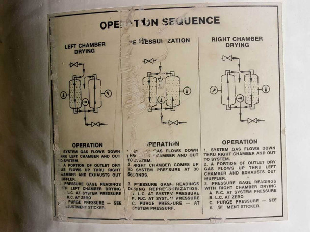 Operation sequence label on tank showing left chamber drying, repressurization, and right chamber drying flow diagrams