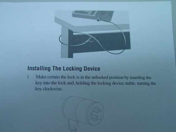 Port Inc NW3350L Noteworthy cable lock – instruction manual page showing locking device installation diagram