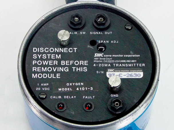 Sierra Monitor 4101-03 transmitter module bottom face showing CALIB SW, SIGNAL OUT, SPAN ADJ, CALIB DELAY, FAULT, GND terminals and 4-20MA Transmitter marking