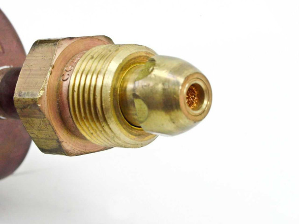 Close-up of brass CGA male flare inlet fitting on Union Carbide UPD-3-25-580 regulator