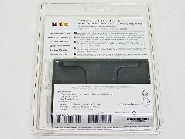 PalmOne 3169WW Universal Wireless Keyboard — rear of retail blister package showing multilingual product description and printed specifications including dimensions and weight