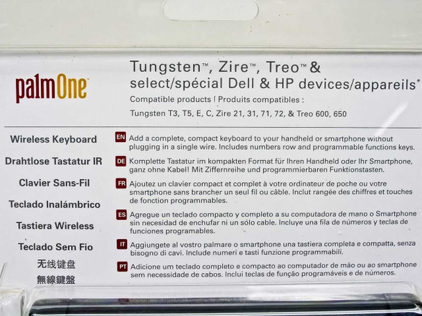 PalmOne 3169WW Universal Wireless Keyboard inside panel showing multilingual compatibility information for Tungsten T3, T5, E, C, Zire 21, 31, 71, 72, Treo 600 and 650