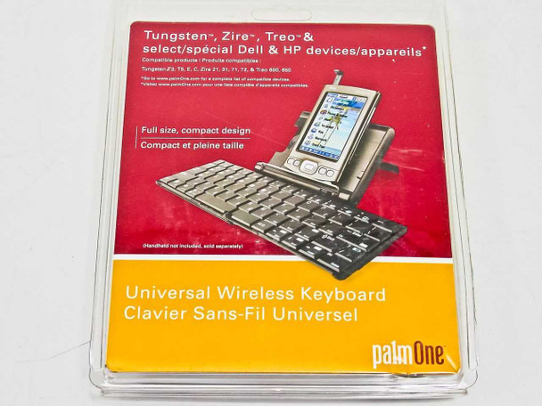 PalmOne 3169WW Universal Wireless Keyboard in original retail blister package — front view showing red and yellow packaging with compatibility list and folded keyboard image