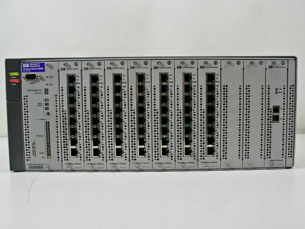 HP ProCurve Switch 4000M J4121A front panel full view showing all eight module bays populated with J4111A and J4113A cards