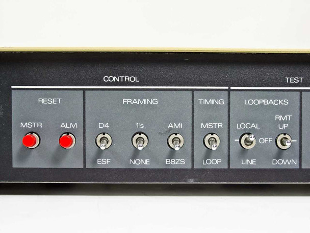 Scitec SATD4 front panel close-up – Control section with Reset, Framing (D4/ESF), Timing, and Loopback toggle switches