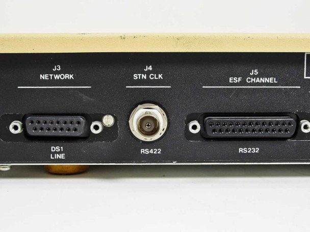 Scitec SATD4 rear panel close-up – J3 DS1 Network (DB15), J4 STN CLK (RS422 BNC), J5 ESF Channel (RS-232 DB25)