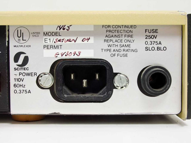 Scitec SATD4 rear panel close-up – IEC AC inlet, UL listing label, power rating 110V 60Hz 0.375A, fuse 250V 0.375A SLO-BLO
