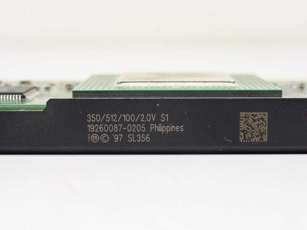 Intel Pentium II SL356 edge label showing 350/512/100/2.0V S1, part number 19260087-0205, Philippines, copyright 1997