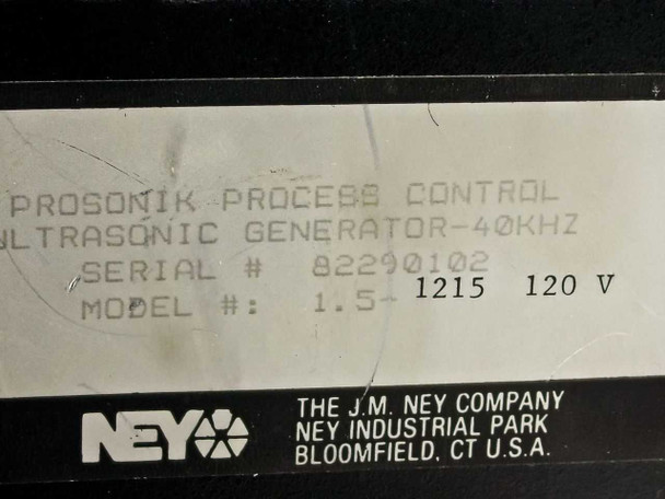 Ney proSONIK 1.5-1215 bottom label showing model number 1.5-1215, 40kHz, 120V, serial number, and J.M. Ney Company Bloomfield CT