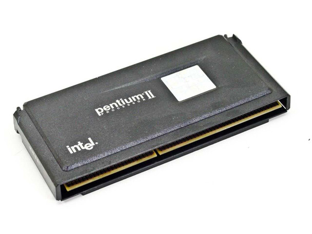 Intel Pentium II 350MHz SL2S6 CPU – top view of black SEC cartridge with Intel Pentium II logo