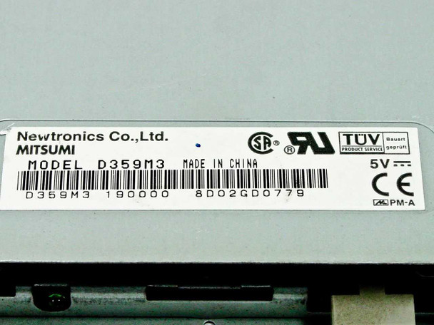 Mitsumi D359M3 label close-up showing model number, Newtronics Co. Ltd. branding, 5V rating, Made in China, and UL/TUV/CE marks