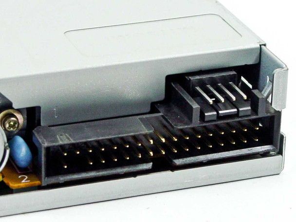 Mitsumi D359M3 floppy drive rear connector view showing 34-pin data ribbon connector and 4-pin power connector