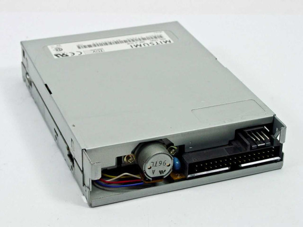 Mitsumi D359M3 floppy disk drive rear and underside view showing 34-pin ribbon connector, 4-pin power connector, and spindle motor