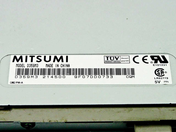 Mitsumi D359M3 214500 model label closeup showing model number, Made in China, TUV, CE, UL, and CSA certification marks, 5V rating