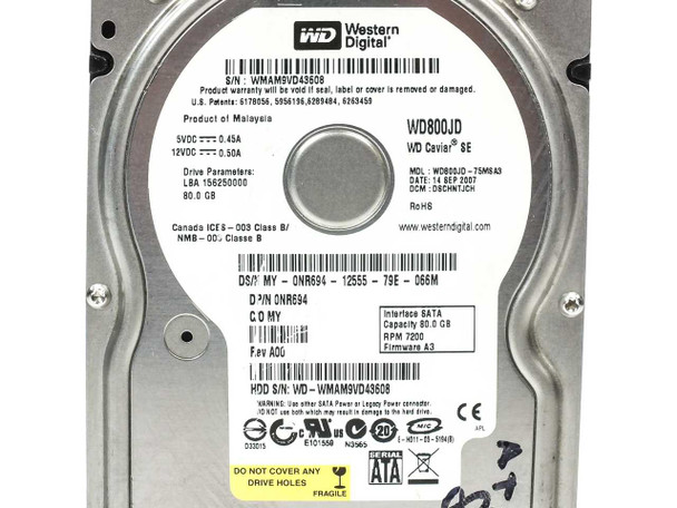 WD800JD Caviar SE label close-up showing model WD800JD-75MSA3, 80GB capacity, 7200 RPM, SATA interface, and Dell P/N NR694
