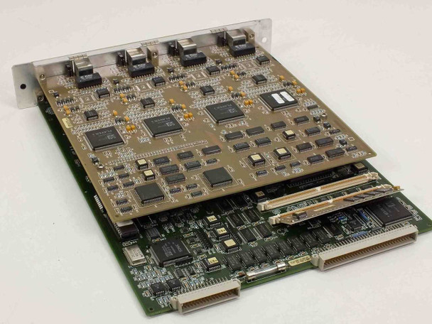Cabletron FDMMIM-24 – two-board module separated and stacked at angle, showing tan upper PCB with large ICs and green lower PCB with edge connector