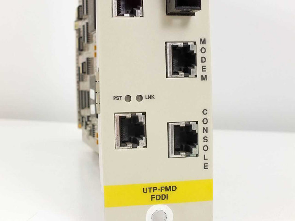 Cabletron FDMMIM-24 lower front panel – MODEM and CONSOLE RJ-45 ports, PST/LNK LEDs, yellow UTP-PMD FDDI label