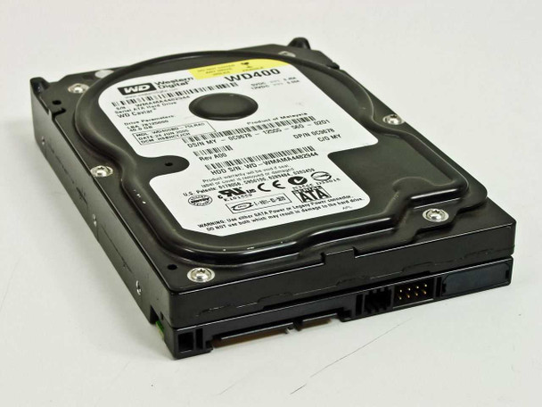 Western Digital WD400BD 40GB SATA Caviar hard drive – top label and rear SATA connector view