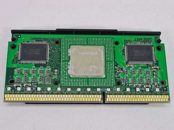Intel Pentium II SL37F – PCB underside showing CPU die, L2 cache chips, and gold Slot 1 edge connector contacts