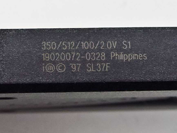 Intel Pentium II SL37F label detail showing 350/512/100/2.0V S1 specs, part number 19020072-0328, Philippines origin, and 1997 date code
