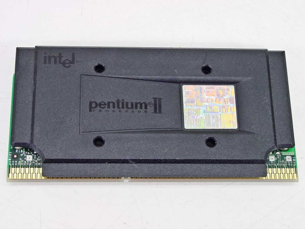 Intel Pentium II SL37F 350MHz Slot 1 CPU – top view showing black SEC cartridge housing with Intel Pentium II processor label and exposed die
