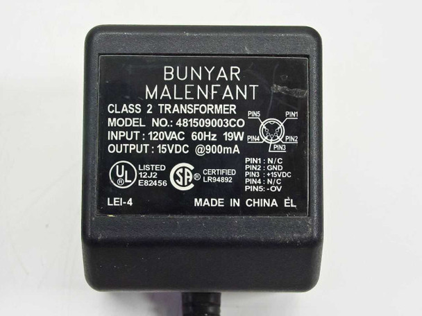 Included Bunyar-Malenfant Class 2 Transformer AC adapter, model 481509003CO — 120VAC 60Hz 19W input, 15VDC 900mA output, UL listed, SP certified LR94892, made in China