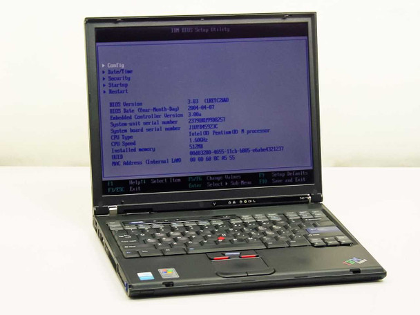 IBM ThinkPad T41 laptop open showing BIOS Setup Utility screen with system info — three-quarter front view