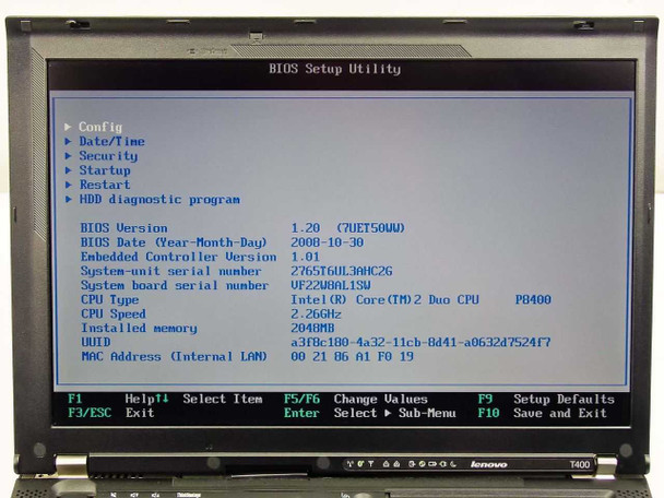Lenovo 2765-T6U T400 Core 2 Duo 2.26GHz 160GB 14.1" -No AC Adapter / BAD Battery