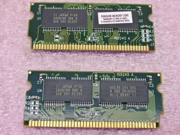 SimpleTech STC-A4100/8 16MB SO-DIMM kit — two modules shown front and back, Paragon Memory Corp warranty label visible on front of one module