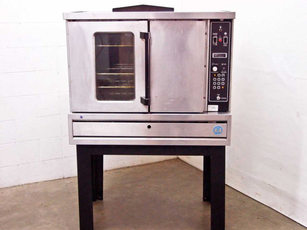 US Range CG-100 commercial gas convection oven front view, stainless steel body with door window, programmable control panel on right, on black metal stand