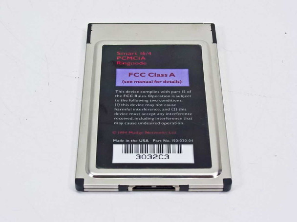 Madge Smart 16/4 PCMCIA Ringnode rear label showing FCC Class A notice, part number 150-020-04, and barcode