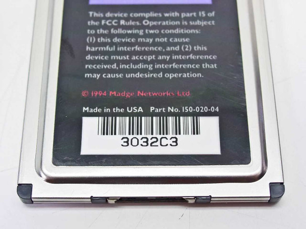Close-up of Madge Smart 16/4 rear label showing copyright 1994 Madge Networks Ltd., Made in USA, and part no. 150-020-04
