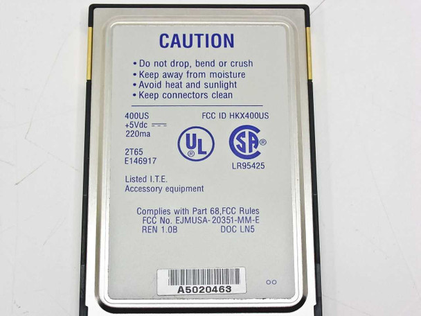 Rear label of Intel 2T65 PCMCIA fax modem showing model number 2T65, FCC ID HKX400US, +5Vdc 220mA rating, UL and CSA marks, and barcode