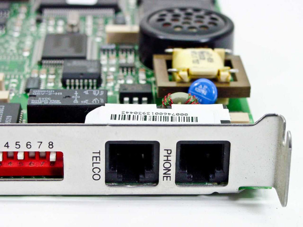 US Robotics Sportster 28800 modem card — close-up of bracket showing labeled TELCO and PHONE RJ-11 ports and red DIP switch bank