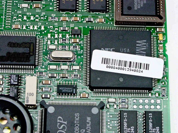US Robotics Sportster 28800 modem — close-up of PCB showing NEC USA controller chip and US Robotics DSP chip markings with barcode label
