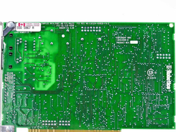 US Robotics Sportster 28800 modem card — PCB reverse/solder side showing FCC registration label, Industry Canada markings, and US Robotics branding