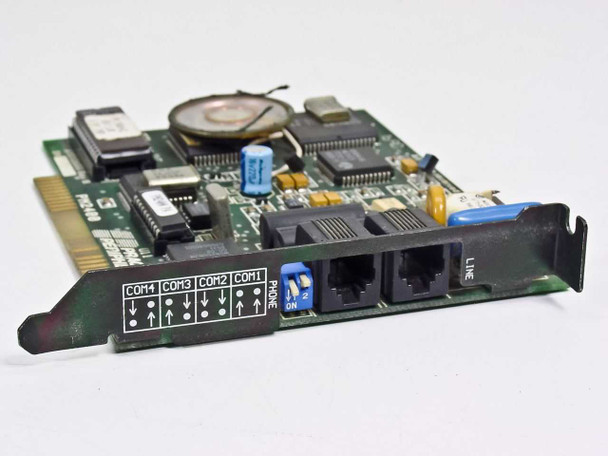 Practical Peripherals PM2400 8-bit ISA modem card front angle view showing bracket with RJ-11 phone and line ports and COM1–COM4 DIP switch