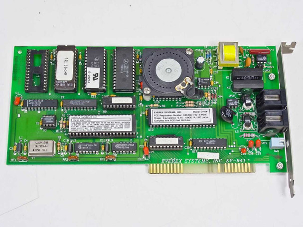 Everex Systems EV-941 ISA modem card – top-down front view of full PCB showing major ICs, transformer, and FCC compliance label